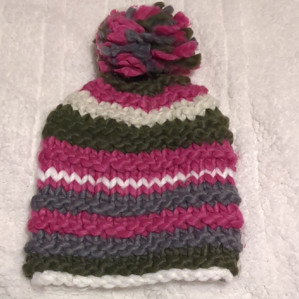 🌸Striped Pom-Pom Beanie in Pink, Green, and Gray